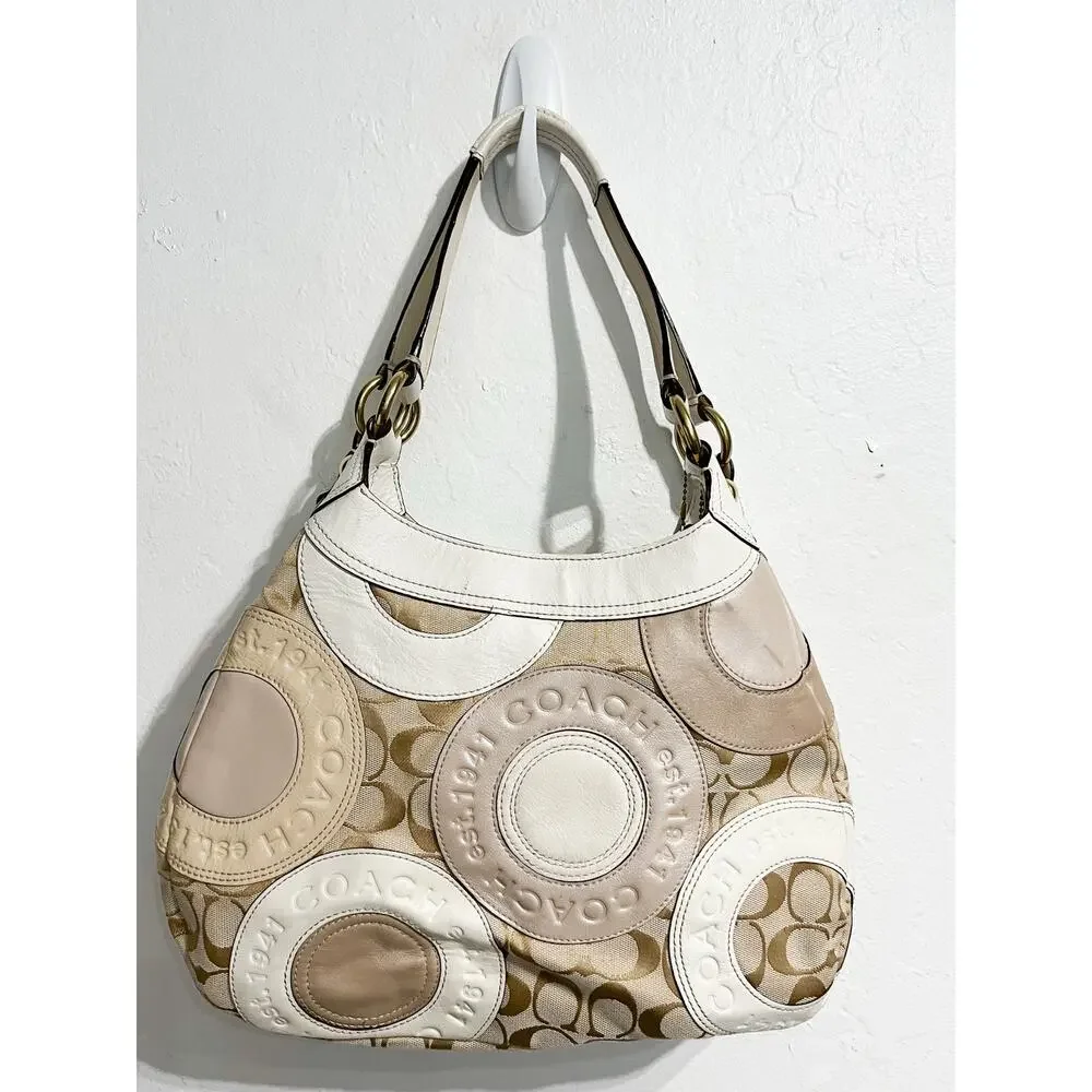 Coach Pierced Patchwork Maggie Hobo Bag Logo Khaki Beige Purse Tan
